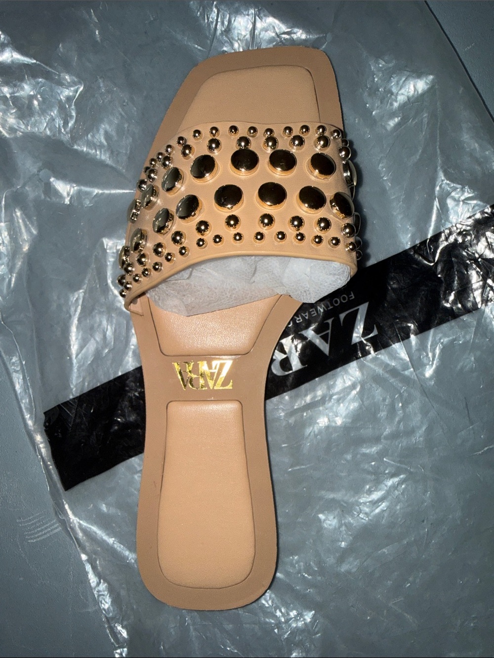 Zara Beige Studded Slide Mule with Gold Accents